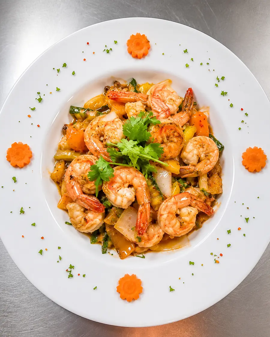 Crevettes sautées aux légumes de saison, coriandre fraîche et fleurs de carotte
